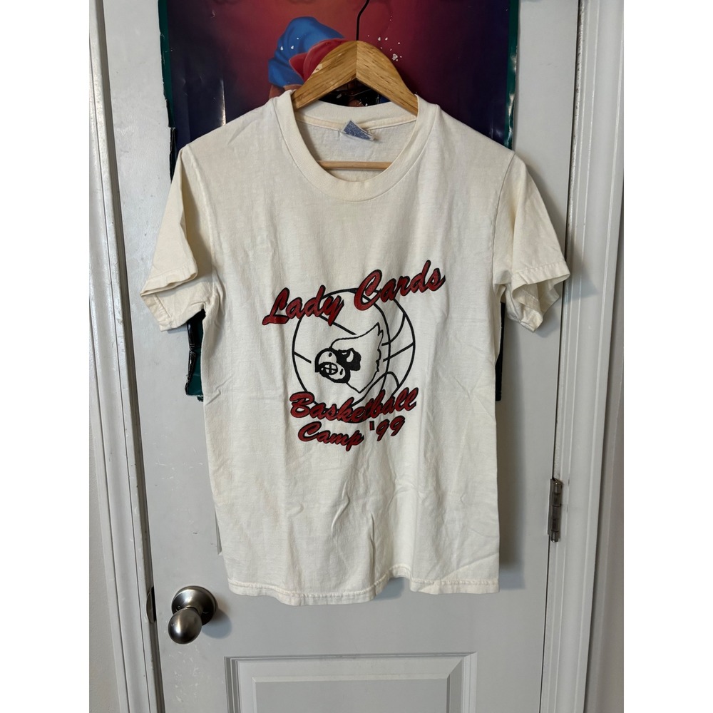 Vintage 1999 Lady Cards Basketball Camp T-Shirt Hanes Beefy-T Cream Small UofL